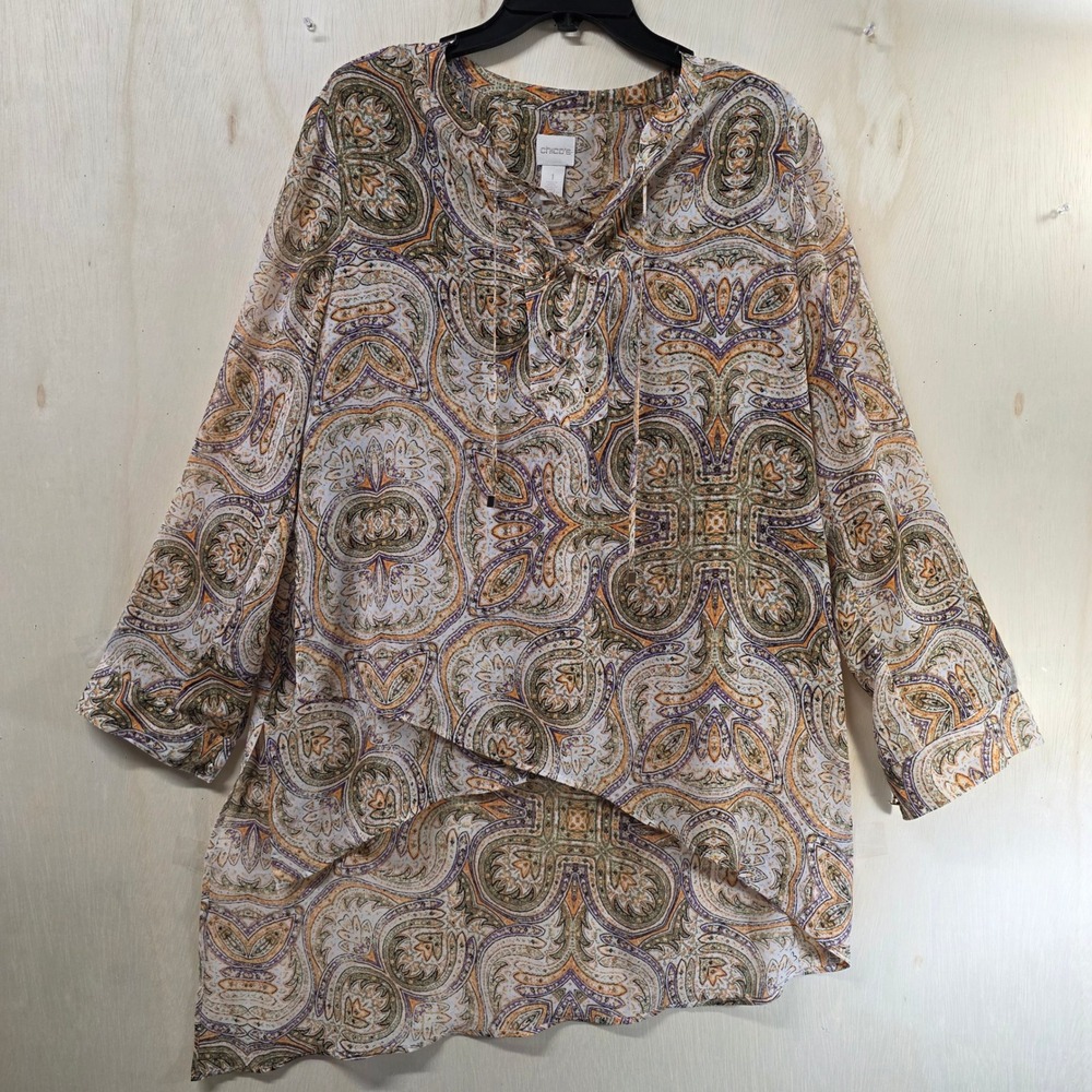 Chico's Paisley Medallion High Low Tunic Blouse Orange Purple Size 1 M/L